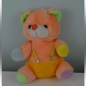 Vintage Happy Mates Teddy Bear Plush Stuffed Animal Toy Suspenders Orange Blue
